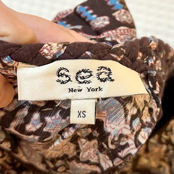 Sea Amaki Border Print Tunic Dress Macrame Puff Sleeve Ruffle Hem Womens Size XS - Picture 6 of 9